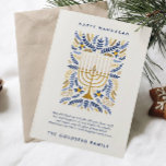 Tarjeta Festiva Feliz Hanukkah Festial acuarela Menorah Floral<br><div class="desc">¡Feliz Hanukkah! Envíe saludos de Hanukkah a la familia y amigos con esta elegante tarjeta plana. Presenta una Menorah color agua y un elegante follaje de corona en una sofisticada paleta de oro, azul claro y azul marino. Personalizar la tarjeta con tu mensaje favorito y dos líneas de texto personalizado...</div>