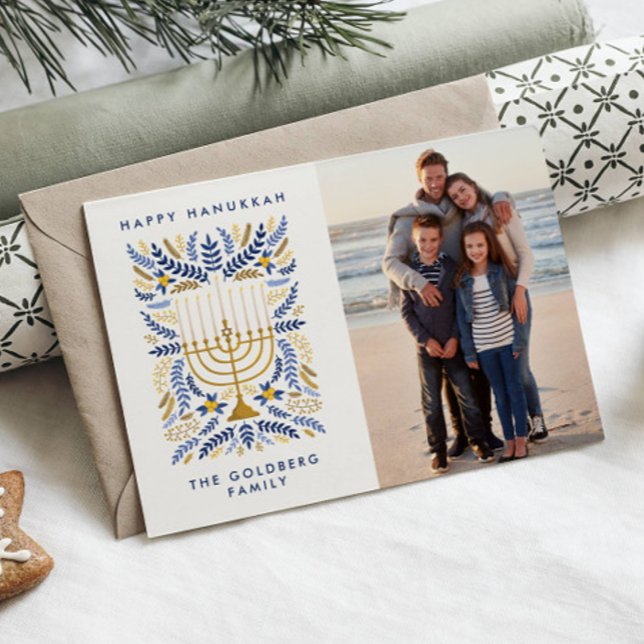 Tarjeta Festiva Feliz Hanukkah Festividad acuática Menorah Foto (HAPPY HANUKKAH PHOTO CARD DIGITAL DOWNLOAD. elegant watercolor menorah and wheat foliage photo )