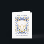 Tarjeta Festiva Feliz Hanukkah Festividad acuática Menorah Foto<br><div class="desc">¡Feliz Hanukkah! Envíe saludos de Hanukkah a la familia y amigos con esta elegante tarjeta de foto doblada. Presenta una Menorah color agua y un elegante follaje de corona en una sofisticada paleta de oro, azul claro y azul marino. Personalizar la tarjeta con tu mensaje favorito y dos líneas de...</div>