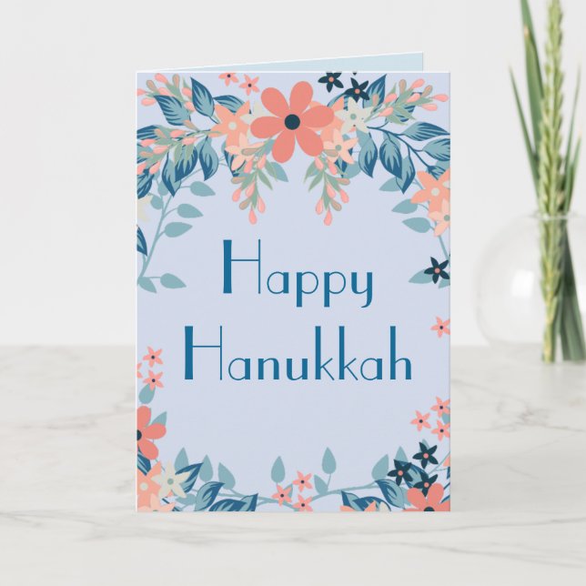 Tarjeta Festiva Feliz Hanukkah Floral Blue and Pink Floral (Anverso)