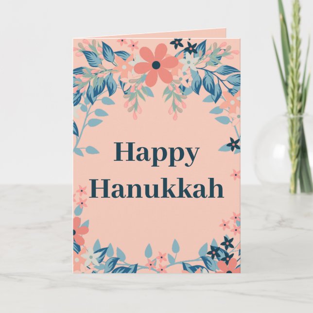 Tarjeta Festiva Feliz Hanukkah Floral Rosa y Azul (Anverso)