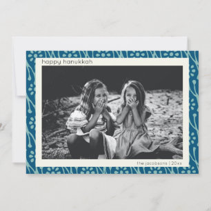 Tarjeta Festiva Feliz Hanukkah Foto Personalizada Floral Boho Azul