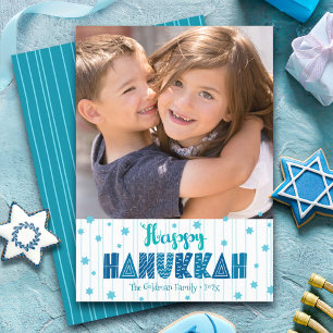 Tarjeta Festiva Feliz Hanukkah Foto Tipografía Turquesa Negrita