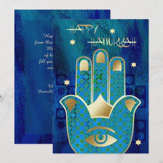 Tarjeta Festiva Feliz Hanukkah. Gold Hamsa Hand (Anverso / Reverso)