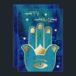 Tarjeta Festiva Feliz Hanukkah. Gold Hamsa Hand<br><div class="desc">Feliz Hanukkah. Elegante Relieve metalizado dorado festivo Hamsa Manand Lucky Symbol y Estrella de David personalizable de diseño Hanukkah Tarjeta de felicitación / Hanukkah Invitaciones de celebración con texto personalizado. Tarjeta de correspondencia,  invitaciones a fiestas,  favores y regalos disponibles en la categoría Festividades Judías / Hanukkah de nuestra tienda.</div>