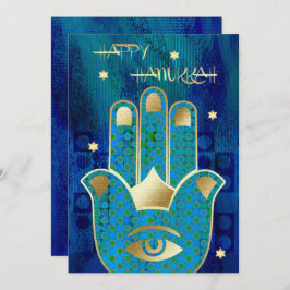 Tarjeta Festiva Feliz Hanukkah. Gold Hamsa Hand