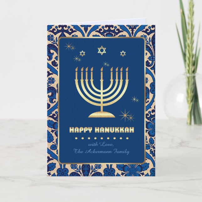 Tarjeta Festiva Feliz Hanukkah. Gold Menorah (Anverso)