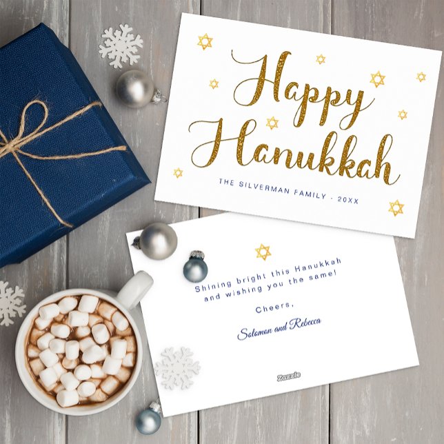 Tarjeta Festiva Feliz Hanukkah Gold Script Holiday Card (Happy Hanukkah Flat Greeting Card)
