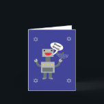 Tarjeta Festiva Feliz Hanukkah Gracioso Robot Bleep Blue Personali<br><div class="desc">Un gracioso diseño de Hanukkah con un robot que dice "¡Duerme! ¡Duerma!" mientras sostiene una menorah y está rodeada por cuatro Estrellas de David con un fondo azul. El interior dice: "¡Duerme! ¡Duerme!" es Robot para "Happy Hanukkah!" El texto puede cambiarse y personalizarse para que se ajuste a sus necesidades....</div>