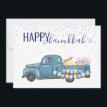 Tarjeta Festiva Feliz Hanukkah Menorah Blue Vintage Truck<br><div class="desc">Este diseño fue creado a través del arte digital y puede ser personalizado en el área que proporciona cambiando la foto y/o el texto. O puede personalizarse eligiendo la opción de hacer clic en el personalizar y borrar o cambiar el color del fondo, agregar texto, cambiar el color o estilo...</div>