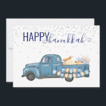 Tarjeta Festiva Feliz Hanukkah Menorah Blue Vintage Truck<br><div class="desc">Este diseño fue creado a través del arte digital y puede ser personalizado en el área que proporciona cambiando la foto y/o el texto. O puede personalizarse eligiendo la opción de hacer clic en el personalizar y borrar o cambiar el color del fondo, agregar texto, cambiar el color o estilo...</div>