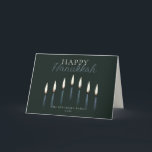 Tarjeta Festiva Feliz Hanukkah Menorah Candles Blank<br><div class="desc">Estas tarjetas de felicitación Hanukkah plegadas de 7" x 5" incluyen un marcador de posición para un nombre de familia y un año. El diseño es nueve velas menorah dibujadas a mano con el saludo "Happy Hanukkah". El interior está en blanco.</div>