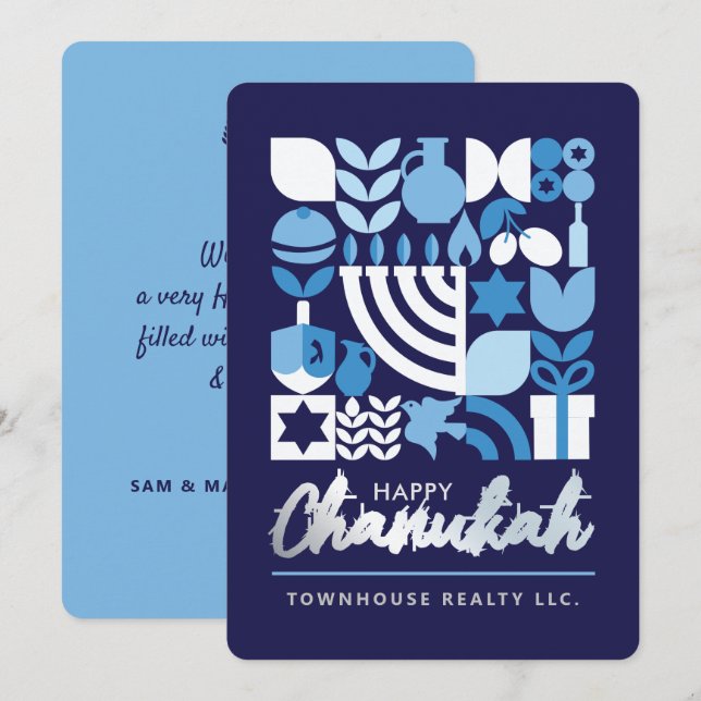 Tarjeta Festiva Feliz Hanukkah Menorah Estrellas judías Dreidel Ho (Anverso / Reverso)