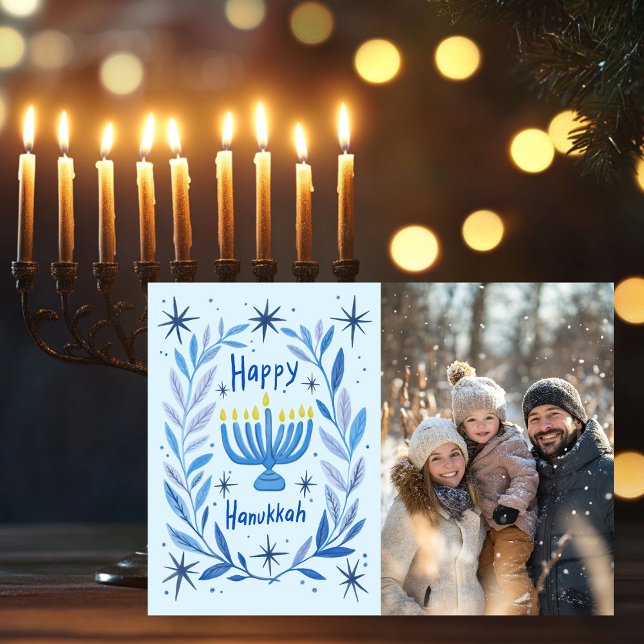 Tarjeta Festiva Feliz Hanukkah Menorah PERSONALIZADO de mano dibuj (Happy Hanukkah Menorah Hand Drawn CUSTOM PHOTO Holiday Card
)