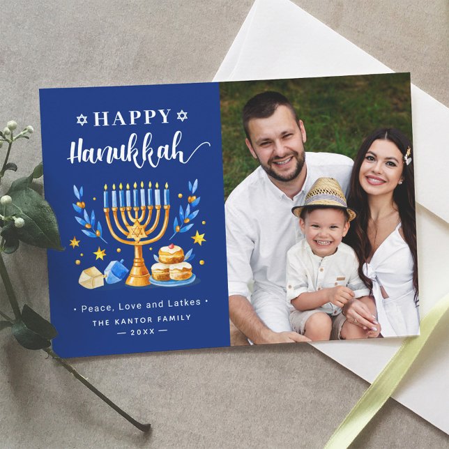 Tarjeta Festiva Feliz Hanukkah Menorah Sufganiyah Dreidel Photo (Subido por el creador)