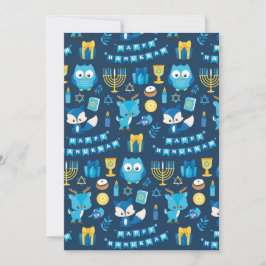 Tarjeta Festiva Feliz Hanukkah Menorah Sufganiyot Cute Owl Blue