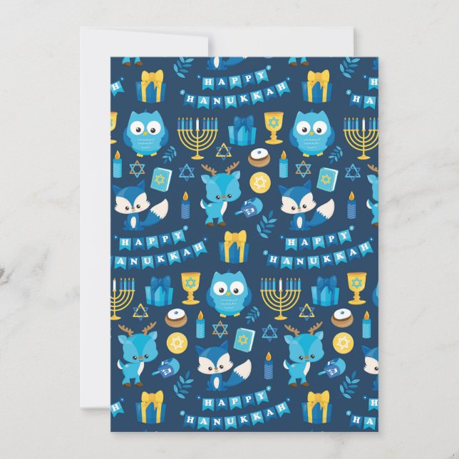 Tarjeta Festiva Feliz Hanukkah Menorah Sufganiyot Cute Owl Blue (Anverso)