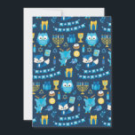 Tarjeta Festiva Feliz Hanukkah Menorah Sufganiyot Cute Owl Blue<br><div class="desc">¡Celebra el Festival de las Luces con nuestra tarjeta de felicitación de Hanukkah! Esta carta es una alegre mezcla de símbolos de Hanukkah, con el dreidel, la menorah, el sufganiyot, un búho lindo, un regalo, la estrella de David, velas y zorros adorables. No es sólo una tarjeta; es un abrazo...</div>
