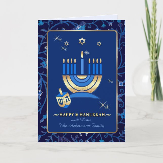 Tarjeta Festiva Feliz Hanukkah. Menorah y Dreidel (Anverso)