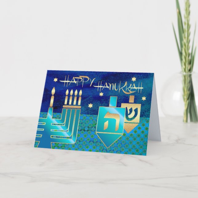 Tarjeta Festiva Feliz Hanukkah. Menorah y Dreidels (Anverso)