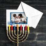 Tarjeta Festiva Feliz Hanukkah Menorah y foto<br><div class="desc">Tu foto con una menorah y texto Feliz Hanukkah.</div>