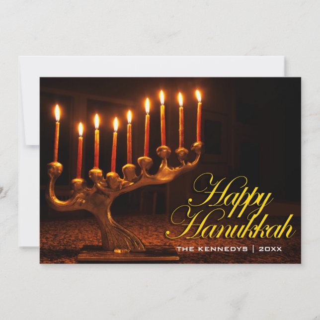 Tarjeta Festiva Feliz Hanukkah - Nueve velas iluminadas Menorah (Anverso)