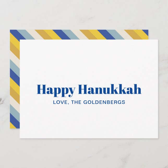Tarjeta Festiva Feliz Hanukkah oro azul franjas modernas personali (Anverso / Reverso)