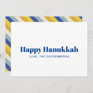 Tarjeta Festiva Feliz Hanukkah oro azul franjas modernas personali