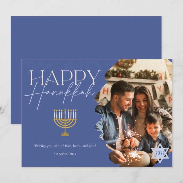 Tarjeta Festiva Feliz Hanukkah oro guión azul menorah foto (Anverso / Reverso)