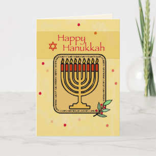 Tarjeta Festiva Feliz Hanukkah, oro, rojo, menorah