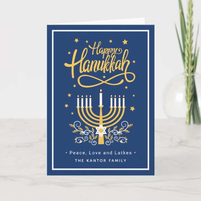 Tarjeta Festiva Feliz Hanukkah Paz Amor Latkes Azul Moderno (Anverso)