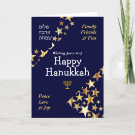 Tarjeta Festiva FELIZ HANUKKAH Peace Love Joy Stars HEBREW