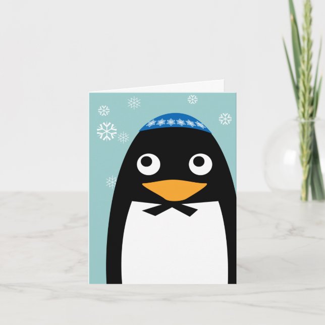 Tarjeta Festiva Feliz Hanukkah Pingüino Judío Yarmulke (Anverso)