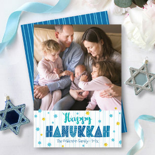 Tarjeta Festiva Feliz Hanukkah Tipografía Divertida Estrellas Dora