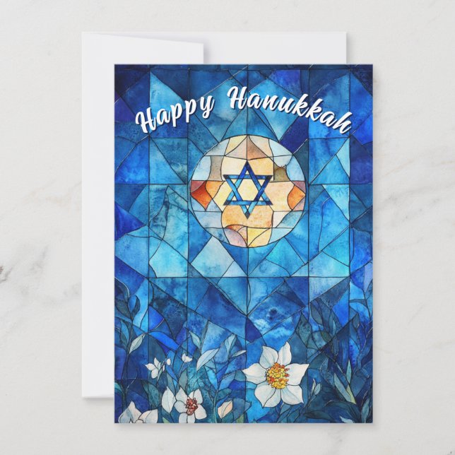 Tarjeta Festiva 🕎 Feliz Hanukkah, vidrio manchado de personalizab (Anverso)