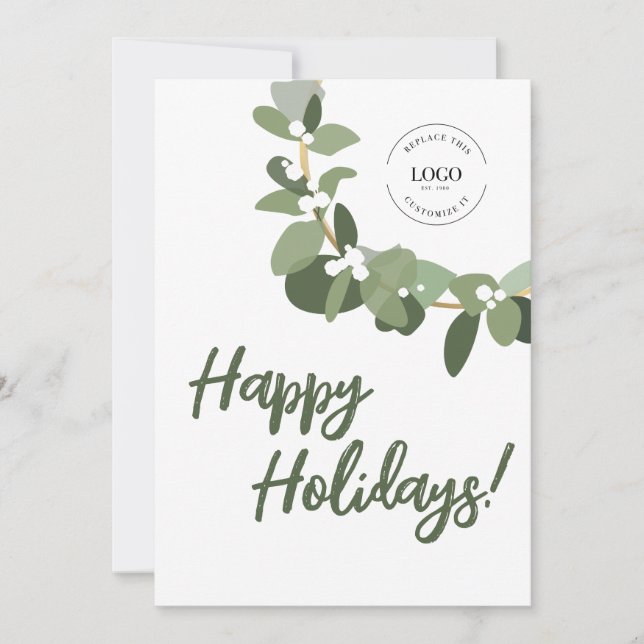 Tarjeta Festiva Feliz Holidays Business logo Wreath Green White (Anverso)