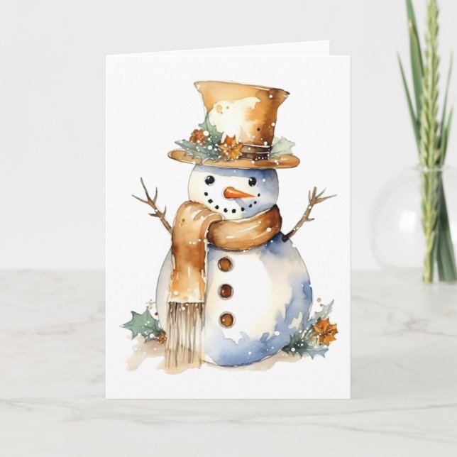 Tarjeta Festiva Feliz hombre de nieve con acentos de oro en BLANCO (Anverso)