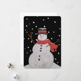 Tarjeta Festiva Feliz hombre de nieve en la noche.