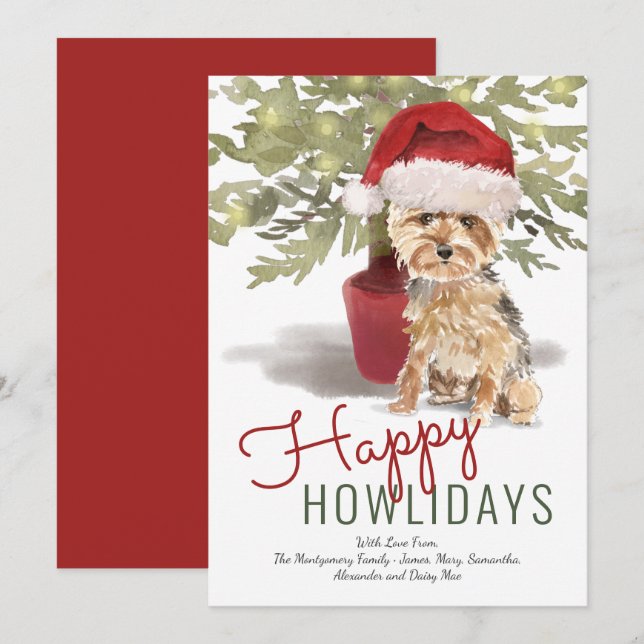 Tarjeta Festiva Feliz Howlidays Cute Yorkshire Terrier Watercolor (Anverso / Reverso)
