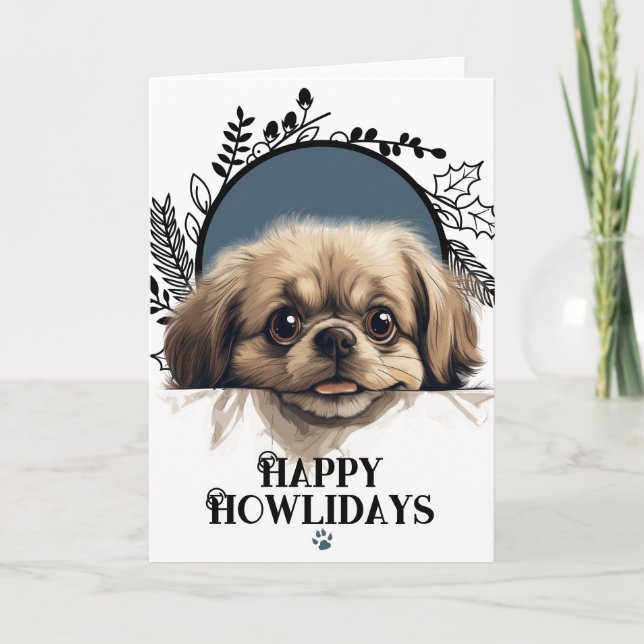 Tarjeta Festiva Feliz Howlidays Perro Pekinés (Anverso)