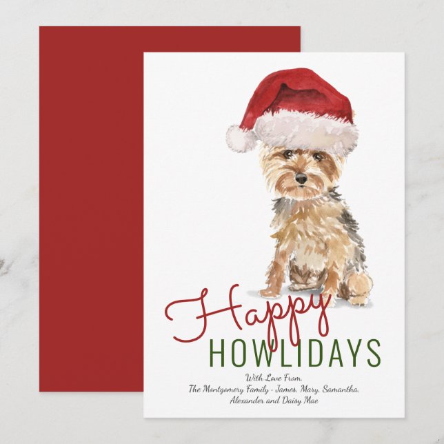 Tarjeta Festiva Feliz Howlidays Yorkshire Terrier Santa Hat (Anverso / Reverso)