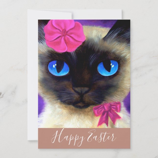 Tarjeta Festiva Feliz Ilustracion gatito siamés de Pascua (Anverso)