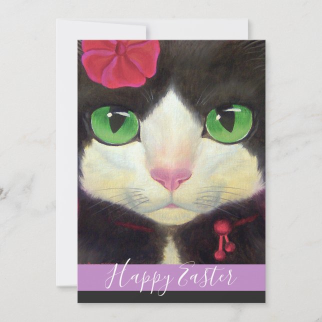 Tarjeta Festiva Feliz Ilustracion morado de gatito de Pascua Tuxed (Anverso)