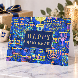 Tarjeta Festiva Feliz Janucá Menorá Hombres de Oro Azul Estrella d