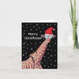 Tarjeta Festiva Feliz jirafa navideño con copos de nieve de Santa 