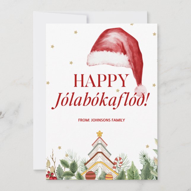 Tarjeta Festiva Feliz Jolabokaflod Libro Islandés Navidades Adorab (Anverso)