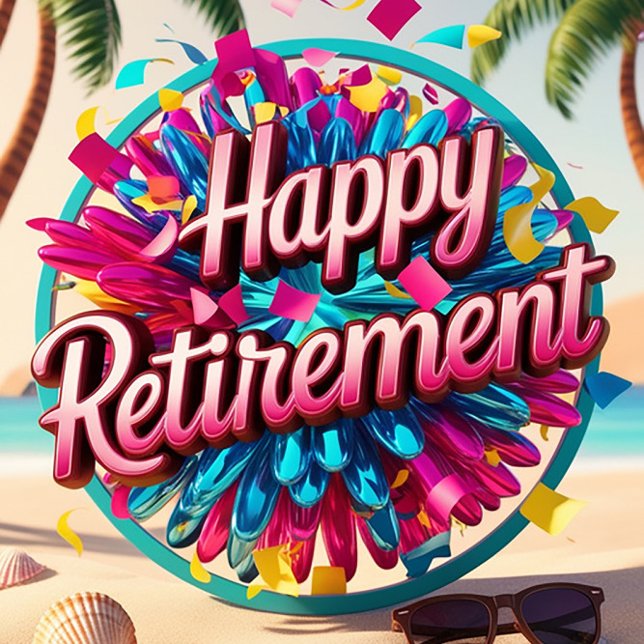 Tarjeta Festiva Feliz Jubilación  (A vibrant beach scene unfolds, showcasing a colorful retirement celebration.)
