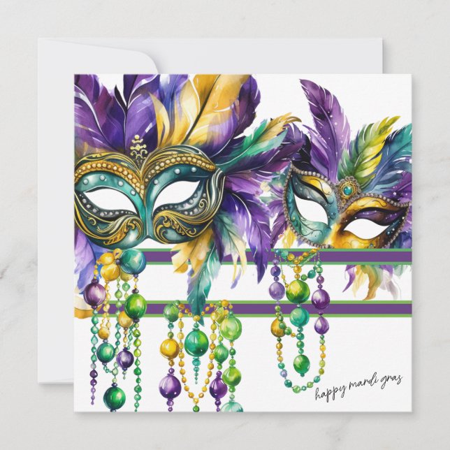 Tarjeta Festiva Feliz Mardi Gras en oro, morado y verde (Anverso)