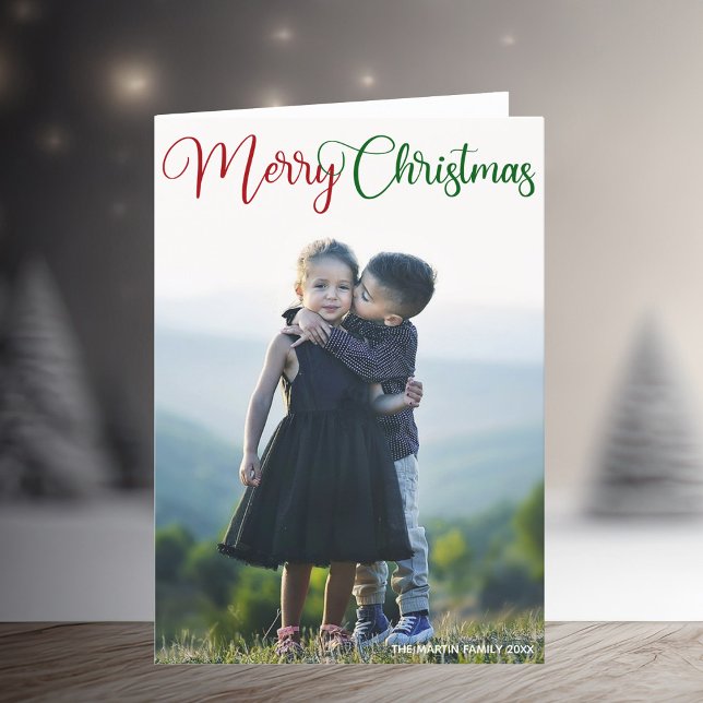 Tarjeta Festiva Feliz Moda navideña de fotos verde rojo doblado (Subido por el creador)