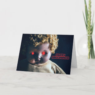 Tarjeta Festiva Feliz muñeca espeluznante de Halloween con ojos br
